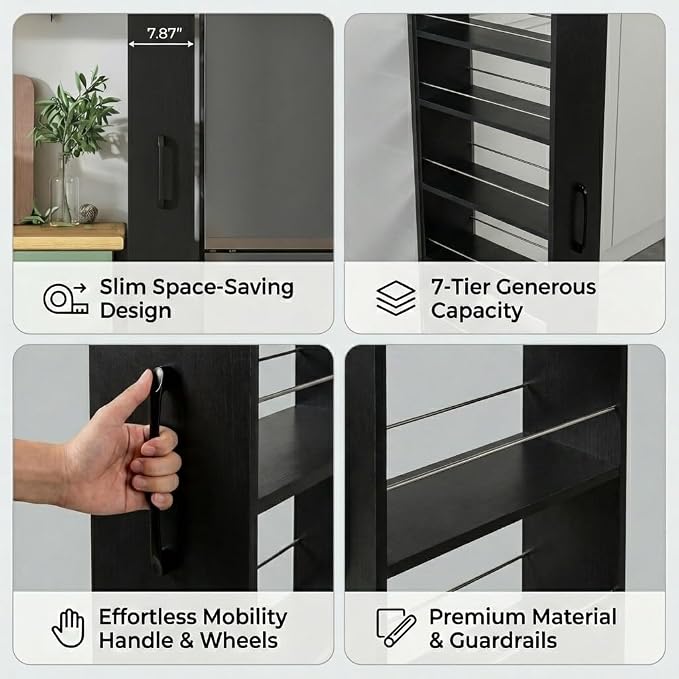 Slim Rolling Storage Cart, 7-Tier Pull-Out Spice Rack with Handle & Wheels, Narrow Kitchen Organizer for Next to Fridge, Pantry, Laundry Room, 7.87 Inch Wide Space Saver （Black,Exposed Wheels