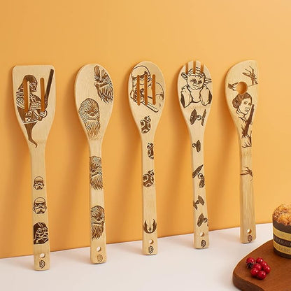 5 PCS Star War Burned Wooden Spoons Cooking Organic Spoons Turners Carved Spatulas Non-Stick for Cookware Kitchen Gadgets - Premium Quality Gifts for Housewarming and Wedding