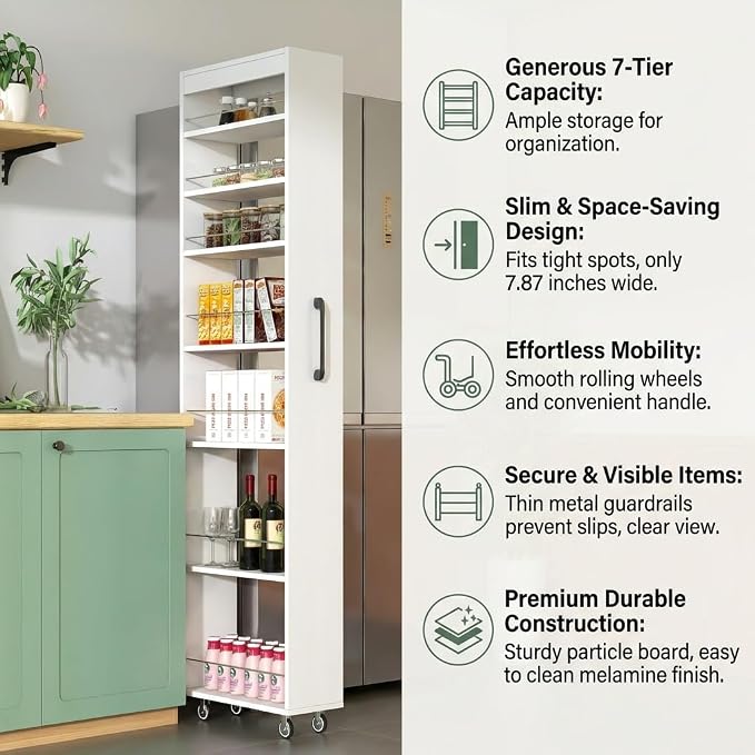 Slim Rolling Storage Cart, 7-Tier Pull-Out Spice Rack with Handle & Wheels, Narrow Kitchen Organizer for Next to Fridge, Pantry, Laundry Room, 7.87 Inch Wide Space Saver (White, Exposed Wheels)