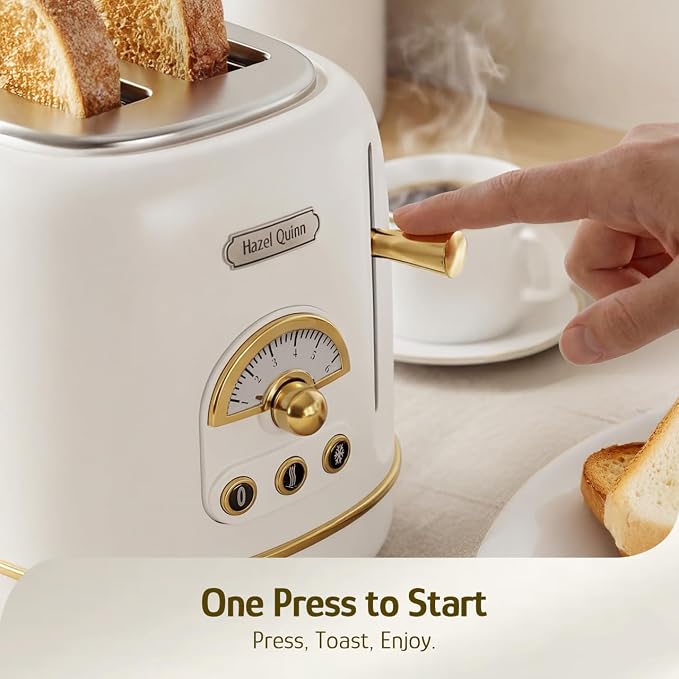 Hazel Quinn 2-Slice Retro Toaster, 6 Browning Levels, 3 Functions-Defrost/Reheat/Cancel, Removable Crumb Tray for Easy to Clean, 1.5 Inches Extra Wide Slots - Pearl White