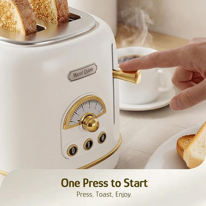Hazel Quinn 2-Slice Retro Toaster, 6 Browning Levels, 3 Functions-Defrost/Reheat/Cancel, Removable Crumb Tray for Easy to Clean, 1.5 Inches Extra Wide Slots - Pearl White