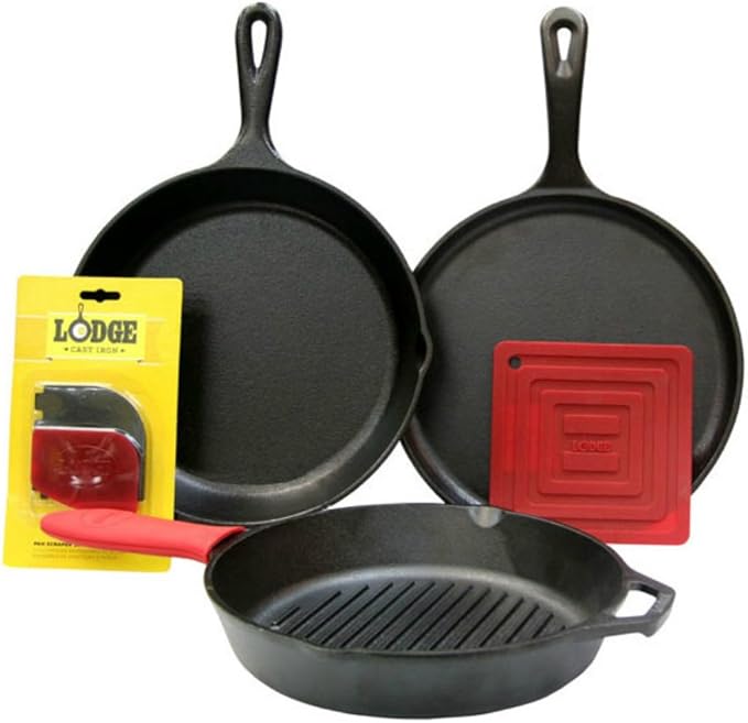 Lodge Cast Iron Set - 7-Piece Set - Pre-Seasoned Kitchen Essentials Set - Skillet, Griddle & Dutch Oven Included - PFAS-Free Non-Toxic Cookware