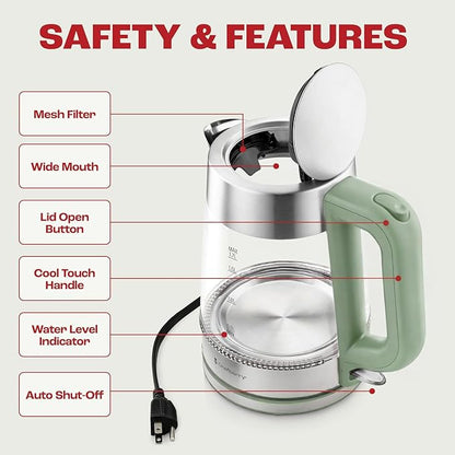 Electric Kettle for Boiling Hot Tea & Water | 1.7L Stainless Steel Borosilicate Glass Boiler With No Plastic, Automatic Shutoff, BPA Free, Fast Heating Technology (Green)
