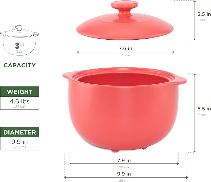 MINH LONG 3-Qt Porcelain Dutch Oven with Lid – Lead & Cadmium Free, Oven Safe to 482°F, Heat Retention, Clay Pot for Cooking on Gas & Infrared Cooktop, Use to Marinate, Cook, Bake, Refrigerate & Serve
