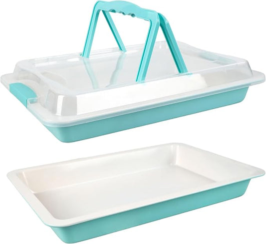 Sheet Cake Pan with Lid Set of 2, 15"×10"×2" Deep Jelly Roll Pan, Non-Stick Ceramic Coating Baking Pan, Oven Safe 450°F, PFOA Free, Teal — Bake, Snap & Carry for Parties & Potlucks