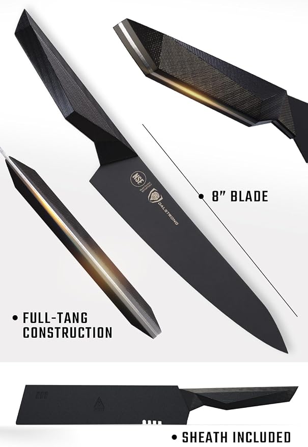 Dalstrong Chef Knife - 8 inch - Shadow Black Series - Black Titanium Nitride Coated - Razor Sharp Kitchen Knife - High Carbon 7CR17MOV-X Vacuum Treated Steel - Sheath - NSF Certified