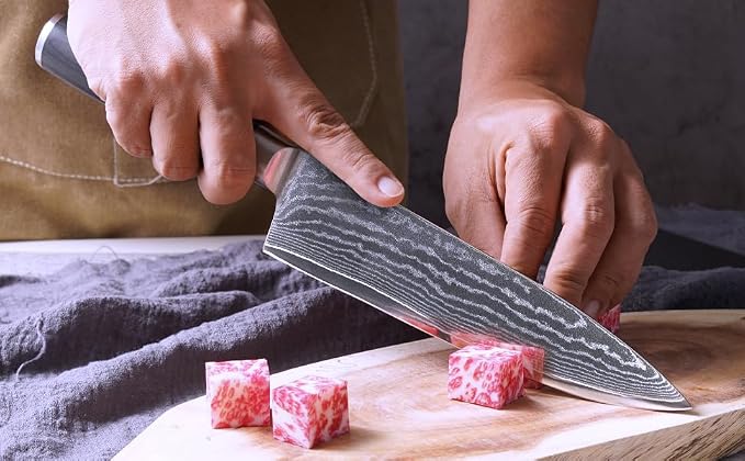 SAMCOOK Damascus Chef Knife, 8 inch Ultra Sharp Cooking Knife With VG-10 High Carbon Stainless Steel，Professional Chef Knives with Black Pakka wood Handle and Premium Gift Box