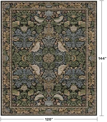 Vintage Green Rug for Extra Large Bedroom - Washable 10x12 Area Rug for Living Room, Dining Room Under Table, Boho Bird Decor, Soft Low Pile Non-Slip & Stain Resistance Brown Accent Carpet