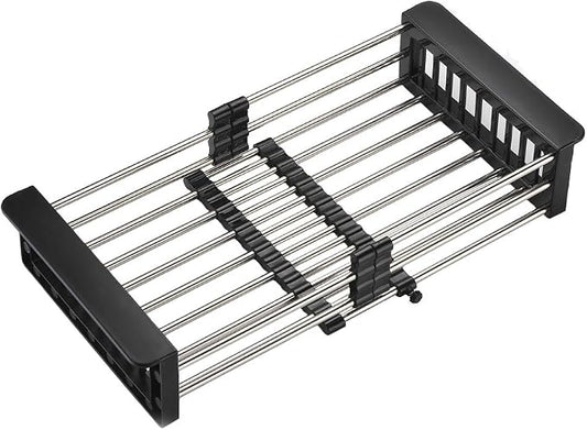 Dish Drying Rack, Stainless Steel Dish Drainer with Adjustable Arms Holder Functional Kitchen Sink Organizer for Vegetable and Fruit, Black Large