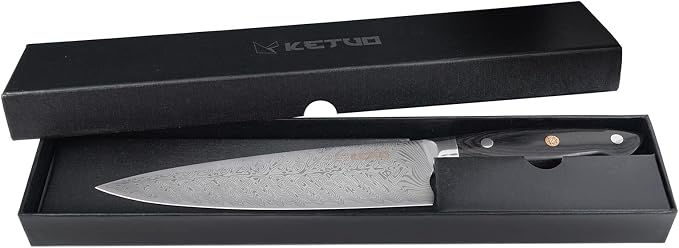 Ketuo Professional Chef Knife Damascus Carbon Steel with Laser Pattern Blade and Black Pakka Wood (8 Inch Chef Knife)