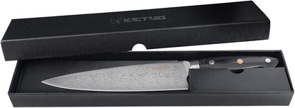 Ketuo Professional Chef Knife Damascus Carbon Steel with Laser Pattern Blade and Black Pakka Wood (8 Inch Chef Knife)