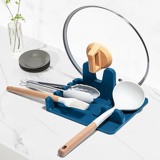 Auoon Silicone Spoon Rest with Lid Holder - 3 in 1 Kitchen Utensil Rest for Soup Ladles, Pot Lids, Spatulas, Spoons, Tongs, BPA Free & Dishwasher Safe, 8.26 x 8.06 Inch (Fog Blue, Large)