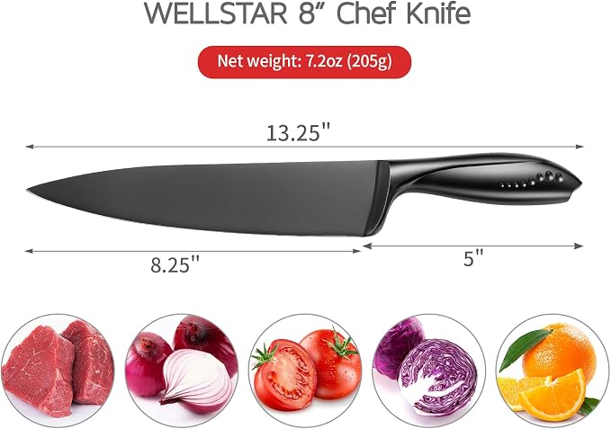 WELLSTAR Chef Knife with Sheath, Sharp Kitchen Knife 8 inch Black Cooking Knives with German HC Steel