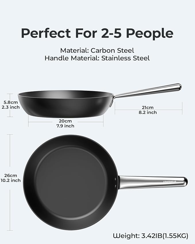 Anti-Warp Carbon Steel Frying Pan, 10 Inch Pre-Seasoned Cooking Skillet, Works on All Cooktops,Oven Safe, Nitrided Carbon Steel Pan for Kitchen, Camping, Chef Use