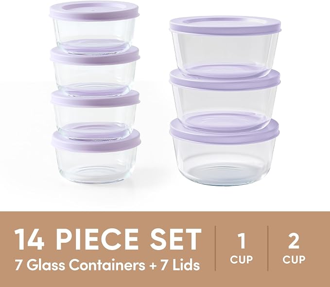 14-Piece Glass Food Storage Containers Set (7 Containers + 7 BPA-Free Lids) | 1-Cup & 2-Cup, Leakproof | Microwave, Freezer, Oven & Dishwasher Safe | Ideal for Meal Prep & Pantry Organization, Purple