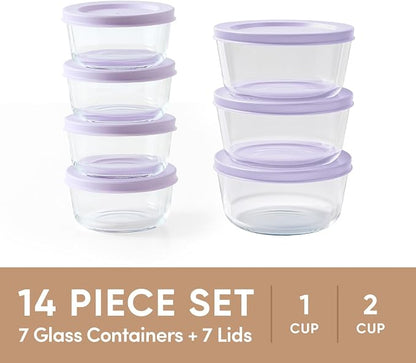 14-Piece Glass Food Storage Containers Set (7 Containers + 7 BPA-Free Lids) | 1-Cup & 2-Cup, Leakproof | Microwave, Freezer, Oven & Dishwasher Safe | Ideal for Meal Prep & Pantry Organization, Purple