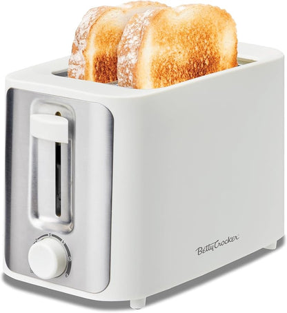 Betty Crocker 2-Slice Toaster, 900W, Variable Toast Shade Control, High Lift Feature, Cool Touch Housing, Bread Centering Guides, Drop Down Crumb Tray, BC-5632W, White