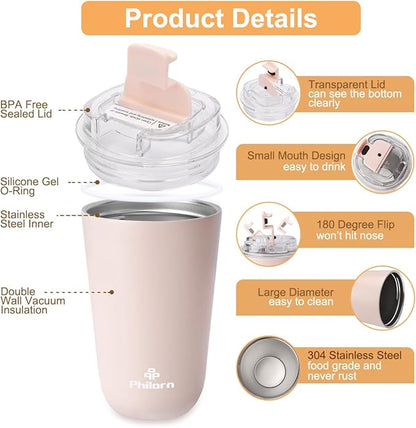 PHILORN Pink Coffee Tumbler - 12 OZ Insulated Coffee Mug With Lid, Leak Proof Thermo Cup for Hot and Iced Drinks, Stainless Steel Vacuum Pink Cup with Double Wall