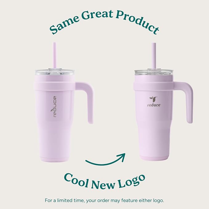 REDUCE 24 oz Stainless Steel Tumbler with Handle - Dual-Wall Vacuum Insulated Travel Mug, Sweat-Proof Lid & Reusable Straw - Keeps Drinks Cold for 24 Hrs, Fits Cupholders, Dishwasher Safe-Pink Cotton