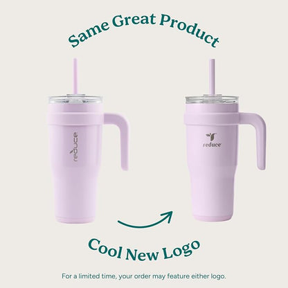 REDUCE 24 oz Stainless Steel Tumbler with Handle - Dual-Wall Vacuum Insulated Travel Mug, Sweat-Proof Lid & Reusable Straw - Keeps Drinks Cold for 24 Hrs, Fits Cupholders, Dishwasher Safe-Pink Cotton