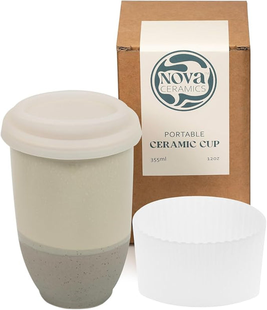 NOVA CERAMICS Travel Mug – Coffee Travel Mug – Reusable Coffee Cup Unique to Go Mug – Microwave & Dishwasher Safe Coffee White Tumbler - Gifts for Women Men Him Her – 12oz – Sea Mist