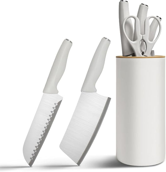 Small Knife Block Set, Modern Kitchen Knife Scissors with Universal Round Holder, Home Apartment New Kitchen Essentials, Space Saving, Dishwasher Safe(Vanilla White, 5PCS)
