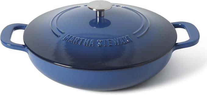 Martha Stewart Gatwick Enameled Cast Iron Braiser with Lid, 3.5-Quart Braiser Pan for Stovetop & Oven, Cast Iron Braising Pan, Blue
