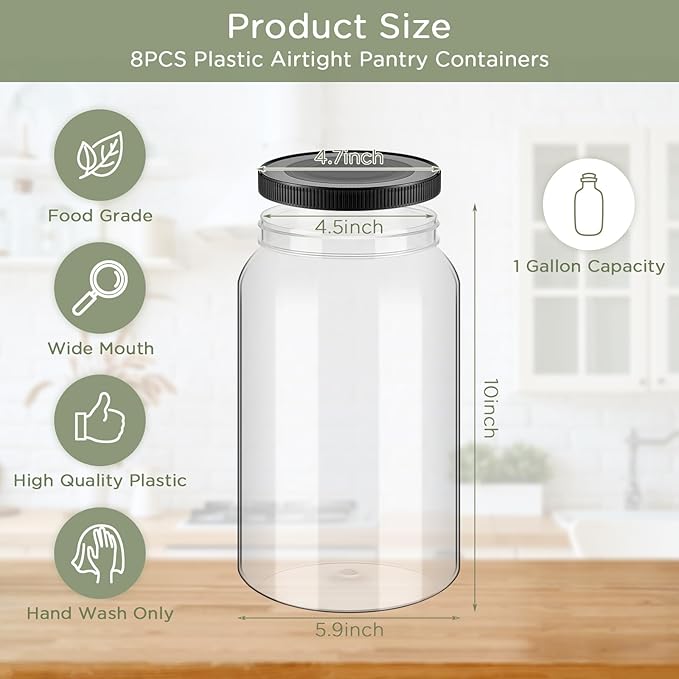Dandat 8 Pcs 1 Gallon Clear Plastic Jars Airtight Pantry Large Mouth Jars Plastic Jug Cylinder Containers with Lids for Candy Butter Honey Sugar Cookies Arts Crafts Bartender Kitchen (Black Lids)