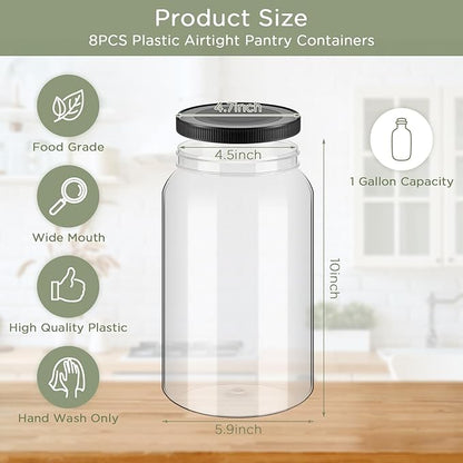 Dandat 8 Pcs 1 Gallon Clear Plastic Jars Airtight Pantry Large Mouth Jars Plastic Jug Cylinder Containers with Lids for Candy Butter Honey Sugar Cookies Arts Crafts Bartender Kitchen (Black Lids)