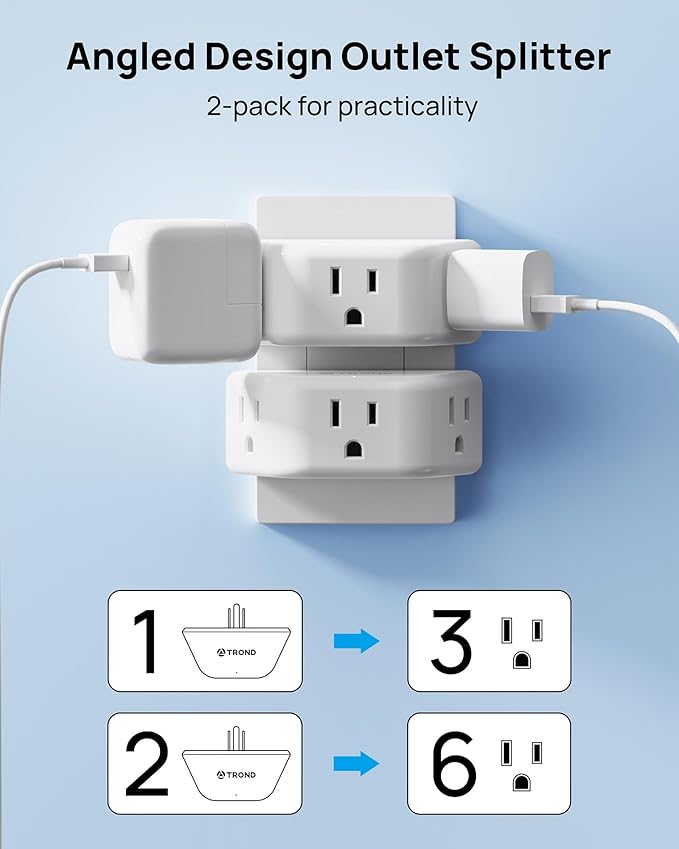 TROND Multi Plug Outlet Extender 2 Pack - Electrical Wall Splitter, 3 Way Angled Wall Outlet Adapter, Cruise Essentials, ETL Listed, Small Multiple Plug Expander for Bathroom Kitchen Office, White