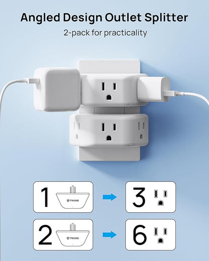 TROND Multi Plug Outlet Extender 2 Pack - Electrical Wall Splitter, 3 Way Angled Wall Outlet Adapter, Cruise Essentials, ETL Listed, Small Multiple Plug Expander for Bathroom Kitchen Office, White