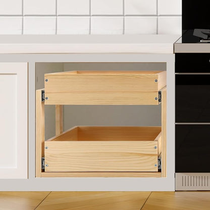 Mulush Pull Out Cabinet Organizer, 17''W×21''D×16''H Soft Close Slide Out Wood Drawer Shelves Storage for Kitchen, 2-Tier, Finished, Heavy-Duty, Bottom Assembly