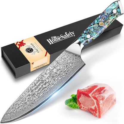 Home Safety Japanese Damascus Knife, Chef's Knife with Sharp 20cm Blade Made of 67 Layers of VG-10 Damascus Steel Kitchen Knife Damascus Carving Knife, Abalone Shell Handle, Gift Box