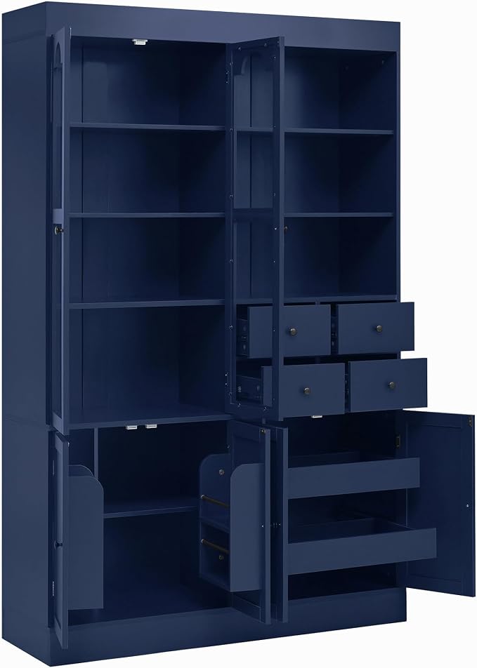 VilroCaz 75'' Tall Freestanding Kitchen Pantry Cabinet, Wood Large Cupboard Storage Buffet with Hutch, 4 Drawers, Door Shelves and Pull-Out Trays for Dining Room, Living Room (Blue-10.13)