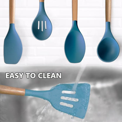 Silicone Kitchen Cooking Utensils Set 5Pcs Non-Stick Silicone Kitchen Utensils Set Spatula Spoon Turner Ladle with Wooden Handle, Heat Resistant Cooking Gadgets for Nonstick Cookware BPA-FREE