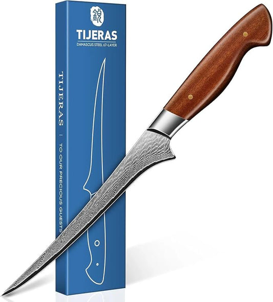 TIJERAS Damascus Fillet Knife 7 Inch - Professional VG-10 Super Sharp Boning Knife for Meat Poultry Chicken Cutting, Japanese Fish Knives with Ergonomic Wood Handle, Birthday Gifts for Men Women