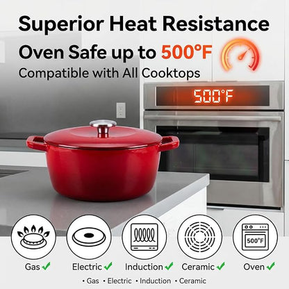 5.5QT Enamel Cast Iron Dutch Oven with Lid,Dual Handles,Versatile Heavy-Duty Non-toxic Cookware for Sourdough Bread Baking,Braising,Stews,Roasting,Oven Safe up to 500°F red