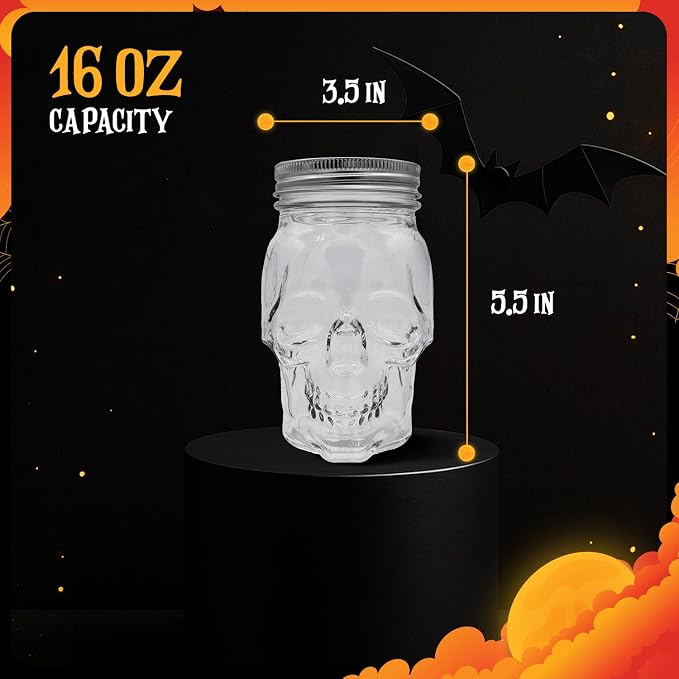 DURA LIVING Set of 2 Skull Mason Jar Glasses with Lids | 16oz Reusable Halloween Drinking Glasses | Unique Skull Décor, Storage, & Canning Jars for Parties & Gifts