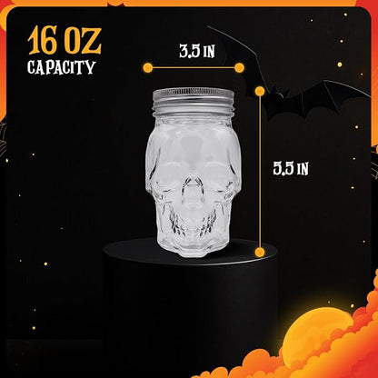 DURA LIVING Set of 2 Skull Mason Jar Glasses with Lids | 16oz Reusable Halloween Drinking Glasses | Unique Skull Décor, Storage, & Canning Jars for Parties & Gifts