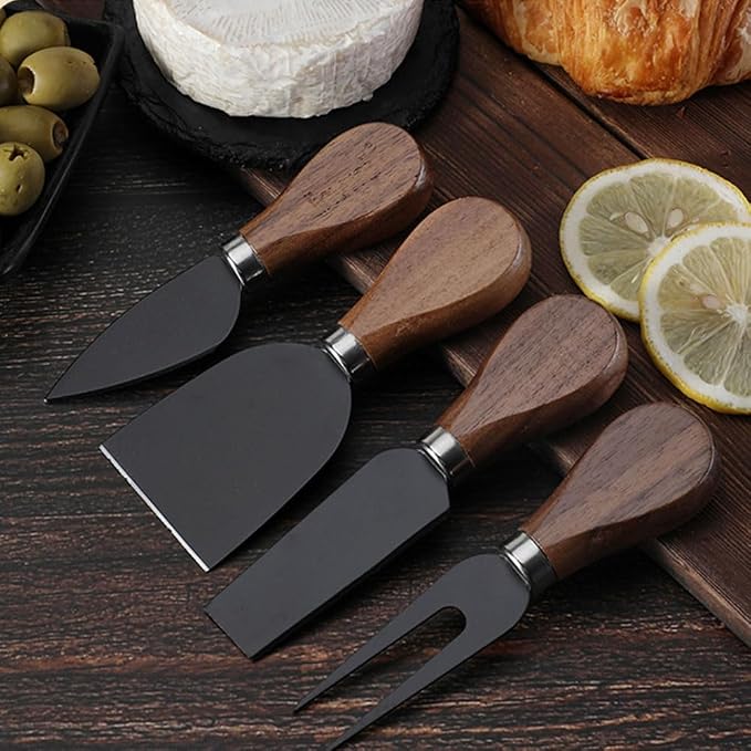 Linwnil 4-Piece Set of Stainless Steel Cheese Knives with Wood Hand, Including Cheese Slicer and Cheese Cutters, Essential Cheese Tools for the Kitchen (Walnut handle, Black)