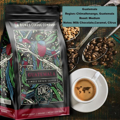 Bones Coffee Company Guatemala Single-Origin, Milk Chocolate, Citrus and Caramel Notes, Whole Coffee Beans, Low Acid Medium Roast Arabica Beans Flavored Coffee, 12 oz Whole Bean