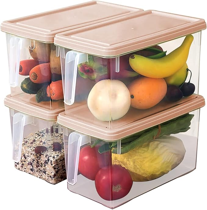 Plastic Food Storage Bins with Lids for Fridge 4 Pack Produce Saver Containers for Refrigerator Organization Stackable Freezer Organizer Fresh Keeper Container For Kitchen Pink