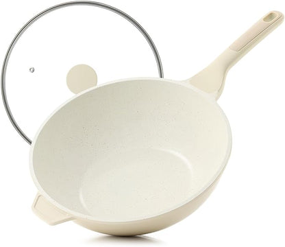 SENSARTE Ceramic Nonstick Wok with Lid, 11 Inch Non Toxic Stir-fry Pan Induction Cookware, Deep Frying Pan Skillet with Stay-Cool Handles, PFAS/PTFE/PFOA Free