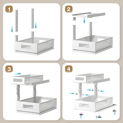 1 Pack 15.74IN-Depth Under Sink Organizer with Next-Gen Ball-Bearing Slides,2-Tier Pull Out Cabinet Storage,Height Adjustable Drawer Shelf for Bathroom,Kitchen,Laundry,Cabinet,Pantry-White
