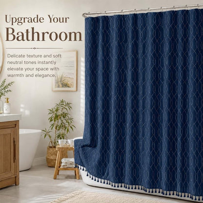OVZME Extra Long Navy Blue Shower Curtain 84 Inch Long, Puff Printed Textured Shower Curtain with Tassels, Tall Farmhouse Geometry Bathroom Curtain, Water Resistant Fabric, 72Wx84L Inches