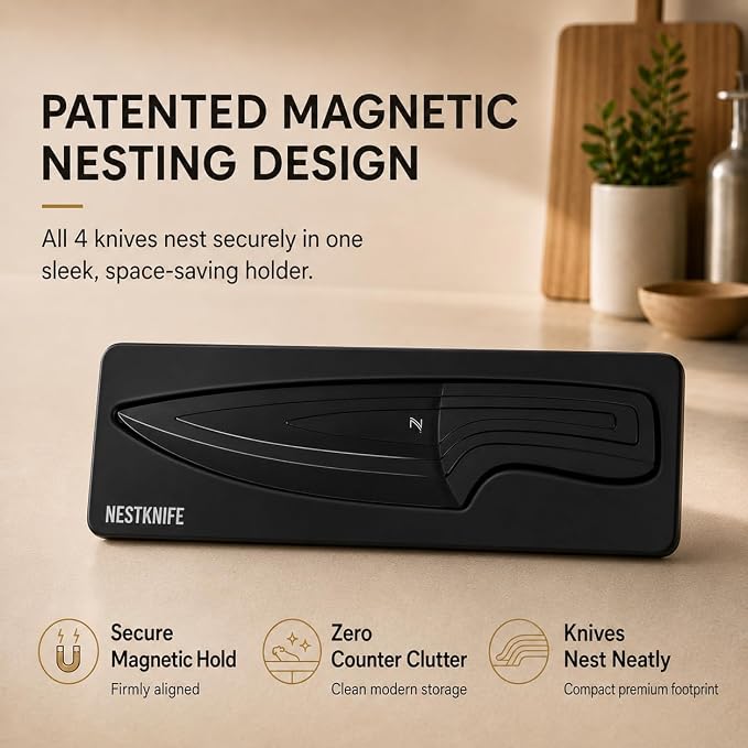 NestKnife Magnetic Kitchen Knife Set - 4 Piece VG10 High Carbon Stainless Steel Kitchen Knives with Patented Space-Saving Nesting Design & Magnetic Block - Ultra Sharp Professional Chef Knife Set