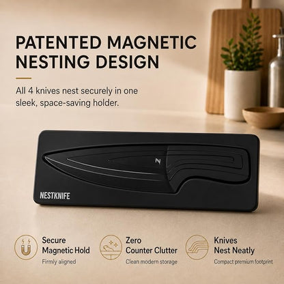 NestKnife Magnetic Kitchen Knife Set - 4 Piece VG10 High Carbon Stainless Steel Kitchen Knives with Patented Space-Saving Nesting Design & Magnetic Block - Ultra Sharp Professional Chef Knife Set