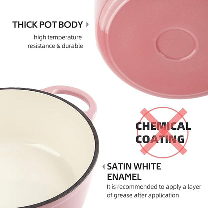 3 Quart Dutch Oven Enameled Cast Iron with Lid - Big Dual Handles - Oven Safe up to 500°F - Classic Round Pot for Versatile Cooking Pink