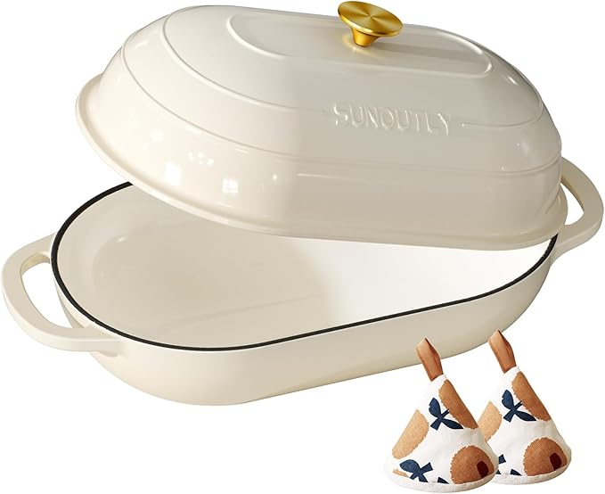 Enameled Cast Iron Bread Oven, 5QT Cast Iron Dutch Oven for Homemade Sourdough Bread Baking, Oval Bread Pot with Dome Lid & Cotton Potholders, Cream White