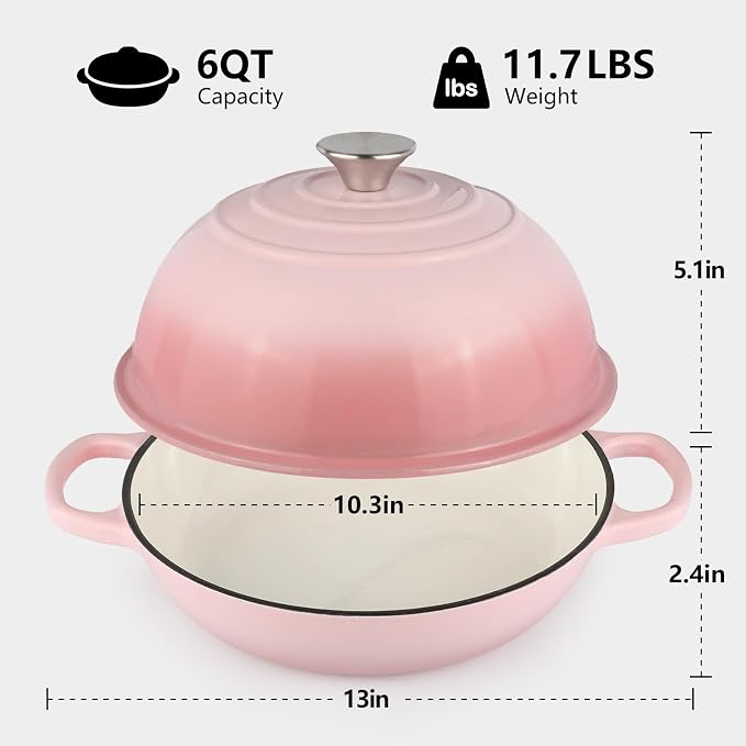 6QT Bread Dutch Oven Pot with Lid, Enameled Cast Iron Dutch Oven for Sourdough Bread Baking, Roasting, Stewing and Soup, Non-Stick Enamel Cookware for Oven/Stovetop, Perfect for Homemade Bread, Pink